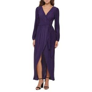 Guess Women's Pleated Woven Faux-Wrap V-Neck Maxi Dress, Navy, Size 8